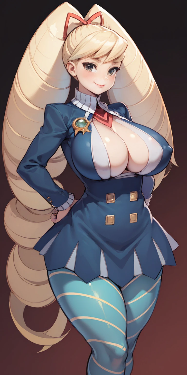 Stand upright and symmetrical, Huge breasts(masterpiece, Highest quality:1.2), Cowboy Shot, alone, 1 Mature Woman, Square, smile, View your viewers, Hands on hips, Twin tails, Twin Drill, dress, Blue Pantyhose, Striped pantyhose, Handcuffed, Has a collar around the neck