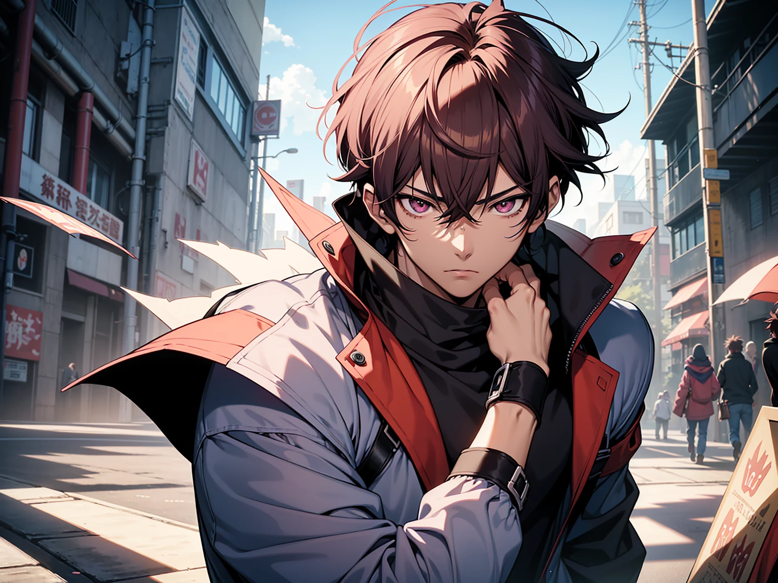 a boy , Face Focus, Single character, Tall anime man,With deep pink eyes, Cool anime poses, Anime Illustrations, Kentaro Miura style, Kentaro Miura's artistic style, Young anime man, Inspired by Okumura Tougyu, He was nearby, Anime handsome man, Looking at the audience, high resolution, Super sharp, 8K, masterpiece