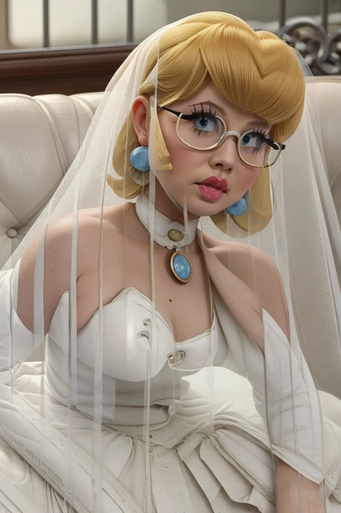 pin-up, pin up, 1950's aesthetic, blonde with bangs, wearing glasses, thicc, pawg, in white bridal lingerie, in art deco bar, lying on a tufted leather couch,