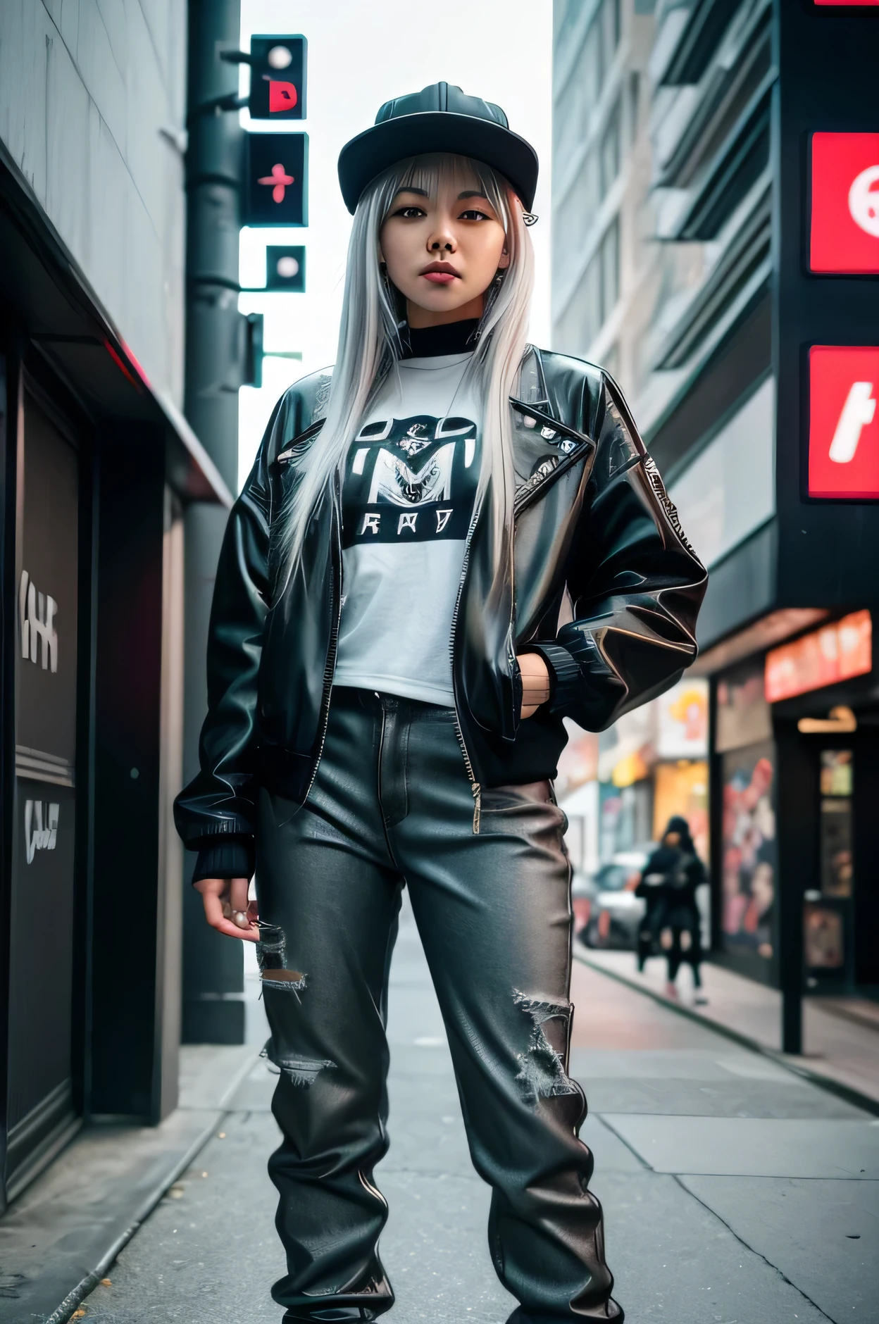 Arafed woman with gray hair wearing a black jacket and a hat., a character portrait inspired by Wang E, Trends in CG society, toyism, wearing cyberpunk street clothes, woman in street clothes, she wears street clothes, park roseanne from blackpink, silver hair girl, silver hair girl, yoko taro, cyberpunk streetwear, wearing silver hair, urban fashion blogger