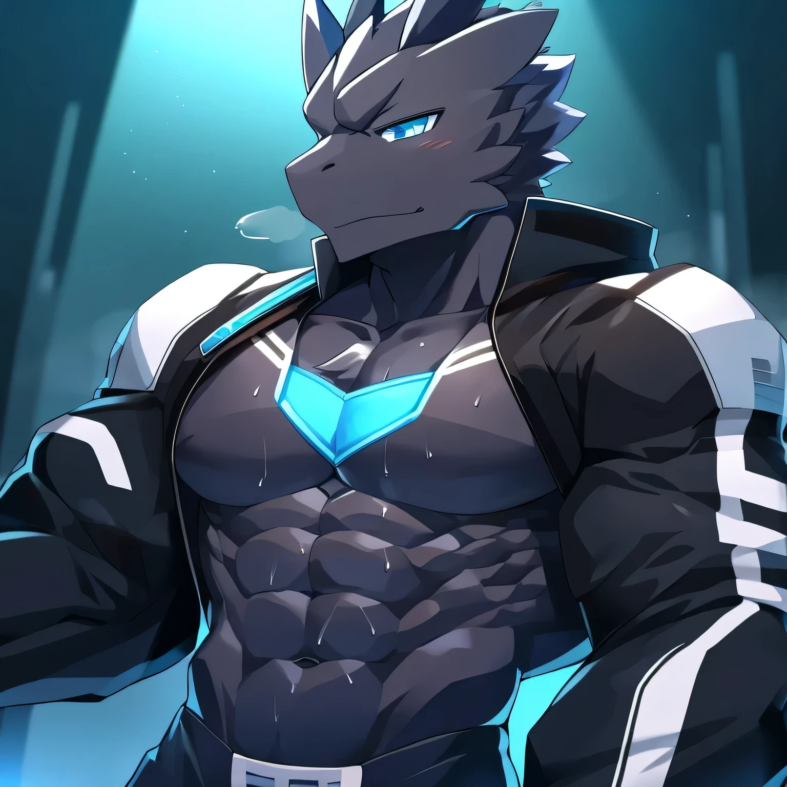 Thin macho　western black dragon　　abs　　　　　Hollow abs　　body suit　　thick arms　　　chest rig　　　、sweaty　　　skin glow　　profile　　Wearily　short of breath　　  　Chemo shota　　Thick chest have a 　blue eyes　Tired look　Glowing abs　Deep abdominals jacket　profile　One person　Jacket