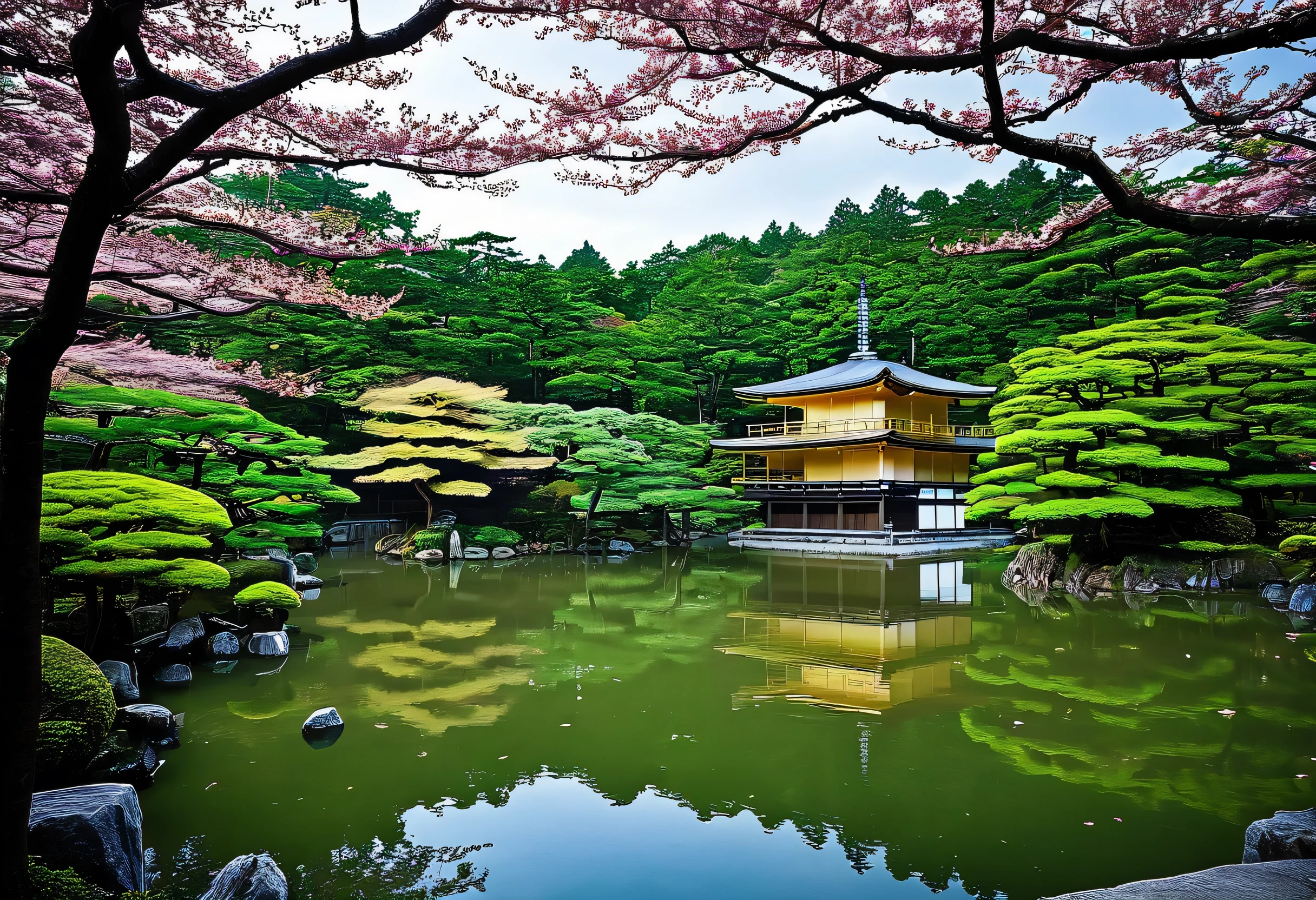 View of a pagoda in a Japanese garden with a lake, Japanese Templess, Japanese Nature, Kyoto japan setting, Japanese Temples, Kyoto, Ancient Japanese architecture, Kyoto inspired, Japanese Landscape, Japan Travel and Tourism, Zen temple background, lush Japanese Landscape, Japan Tourism, Awesome Wallpapers, Japan Deeper Journey Exploration, Beautiful Wallpapers, Japanese architecture, Japanese House, Ancient Japan,The whole place is full of cherry blossoms,A refreshing sunny day