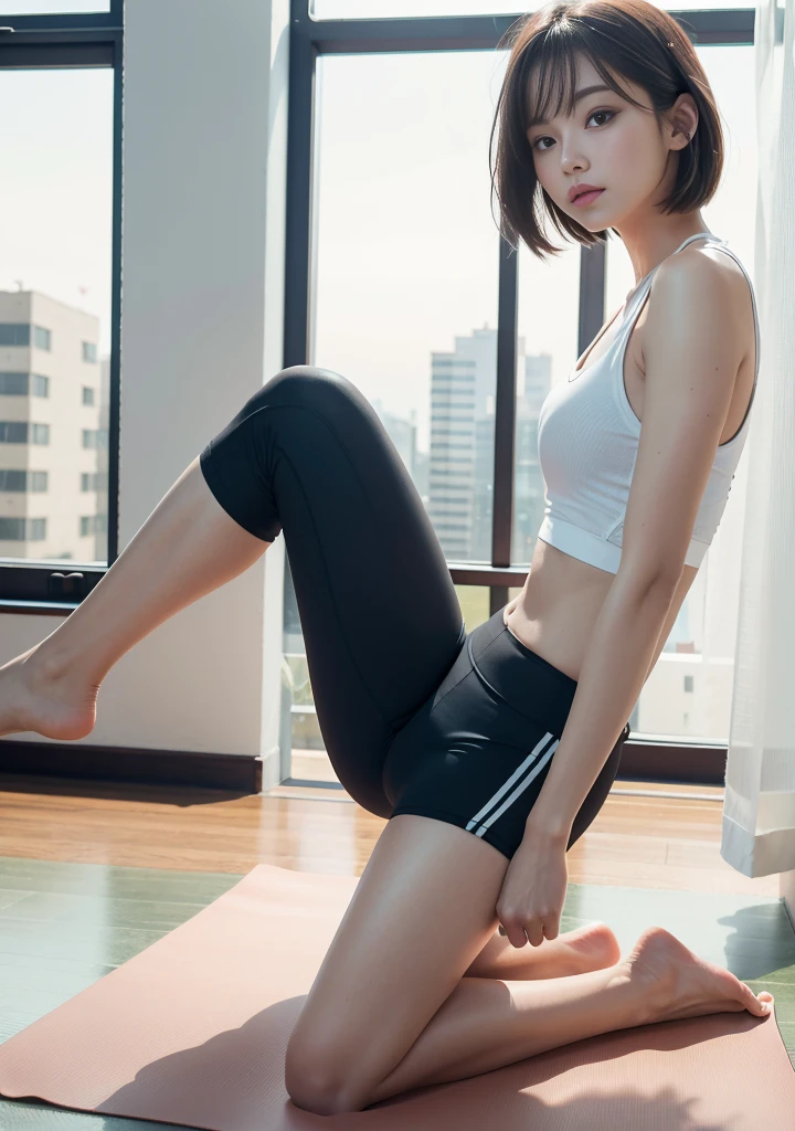 Stunning beauty,(Realistically:1.4),Highest quality,masterpiece,Very delicate and beautiful,Very detailed,Hmph,8k wallpaper detailed,One girl,View your viewers,Long legs,short hair,Yoga pants,barefoot,Stand on a yoga mat,Yoga poses、Wear sportswear、short hair