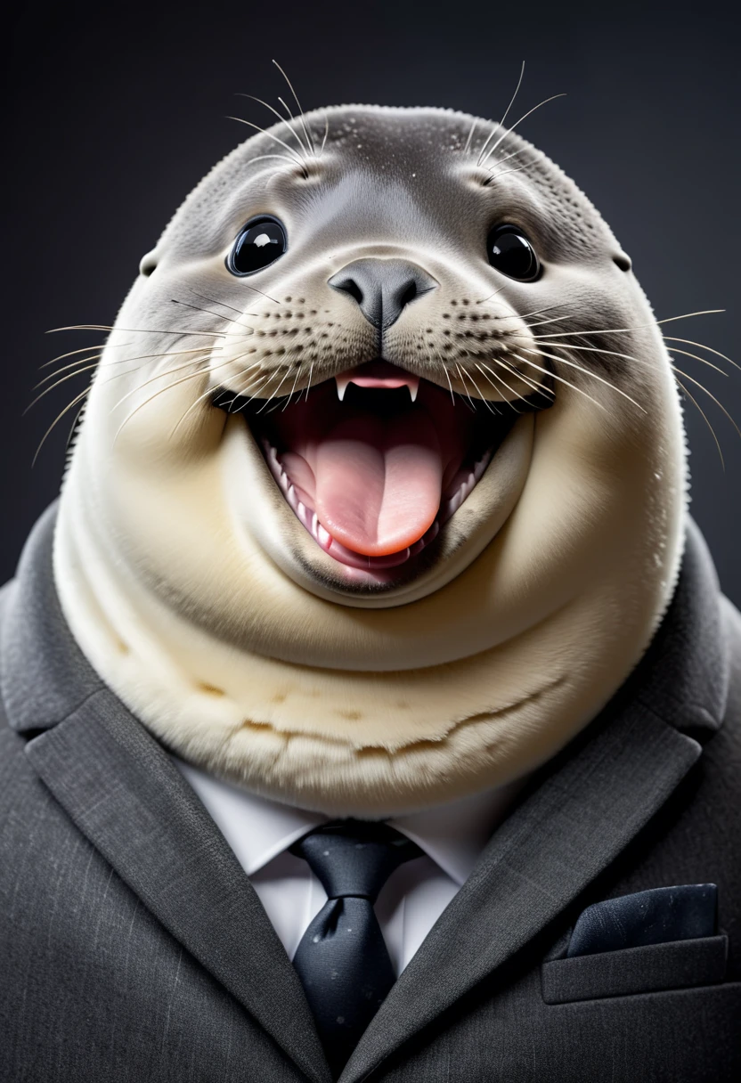 face close up photo of anthropomorphic fat seal,(furry), (), dressed in a dark gray suit, (sticking out tongue:1.5),(happy smile:1.5),(playful:1.2), soft lighting, Cinematic, hdr, primitive, Intricate, High quality, smoothing tones, Intricate details, Low contrast,(viewed from side:2.0), (looking to the side:1.5), simple background