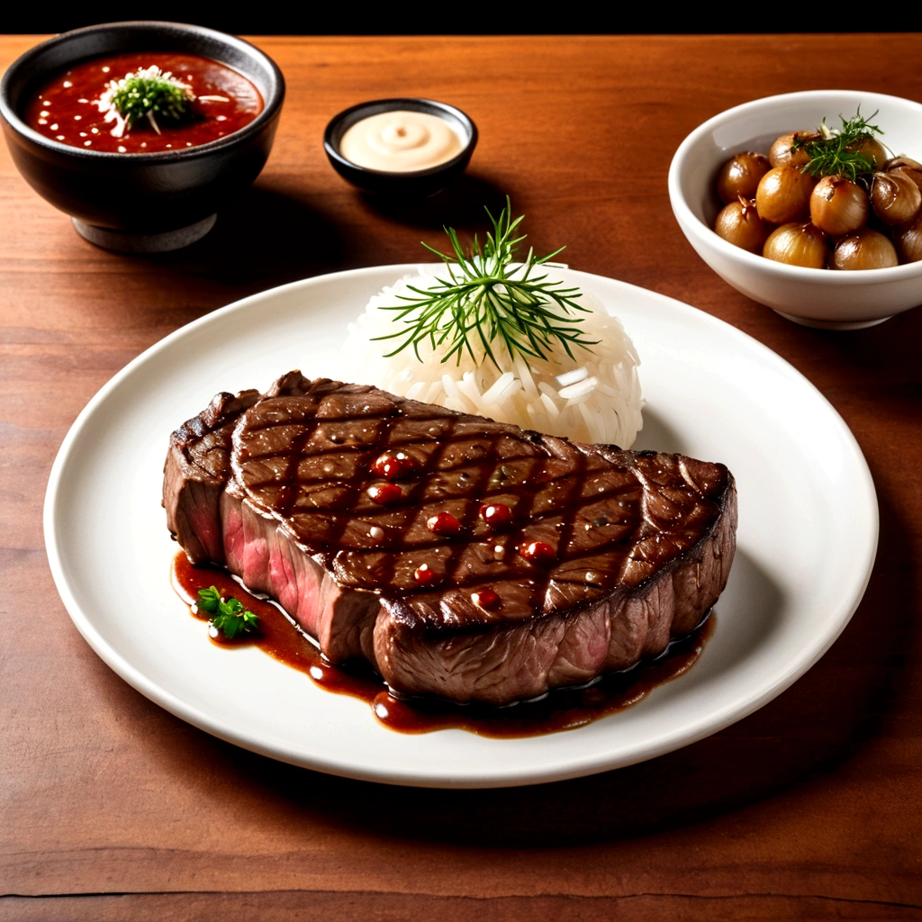 there is a steak on a plate with onions and sauce, sauce, taken with sony a7r camera, steak, taken with canon 8 0 d, taken with a canon eos 5 d, taken with a canon eos 5d, beef, meaty, taken with sony alpha 9, takada akemi, juicy meat, sakuga, Beasts