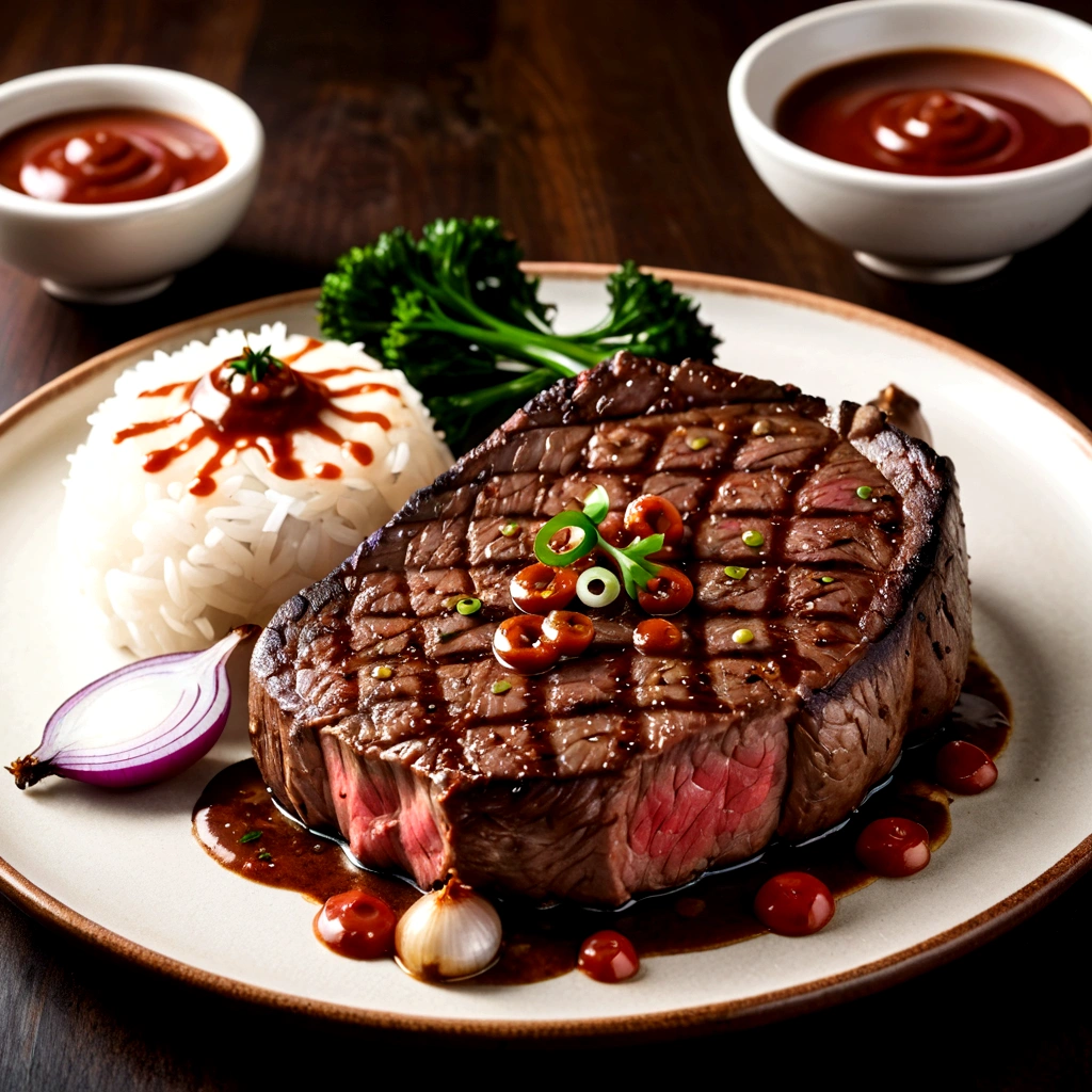 there is a steak on a plate with onions and sauce, sauce, taken with sony a7r camera, steak, taken with canon 8 0 d, taken with a canon eos 5 d, taken with a canon eos 5d, beef, meaty, taken with sony alpha 9, takada akemi, juicy meat, sakuga, Beasts