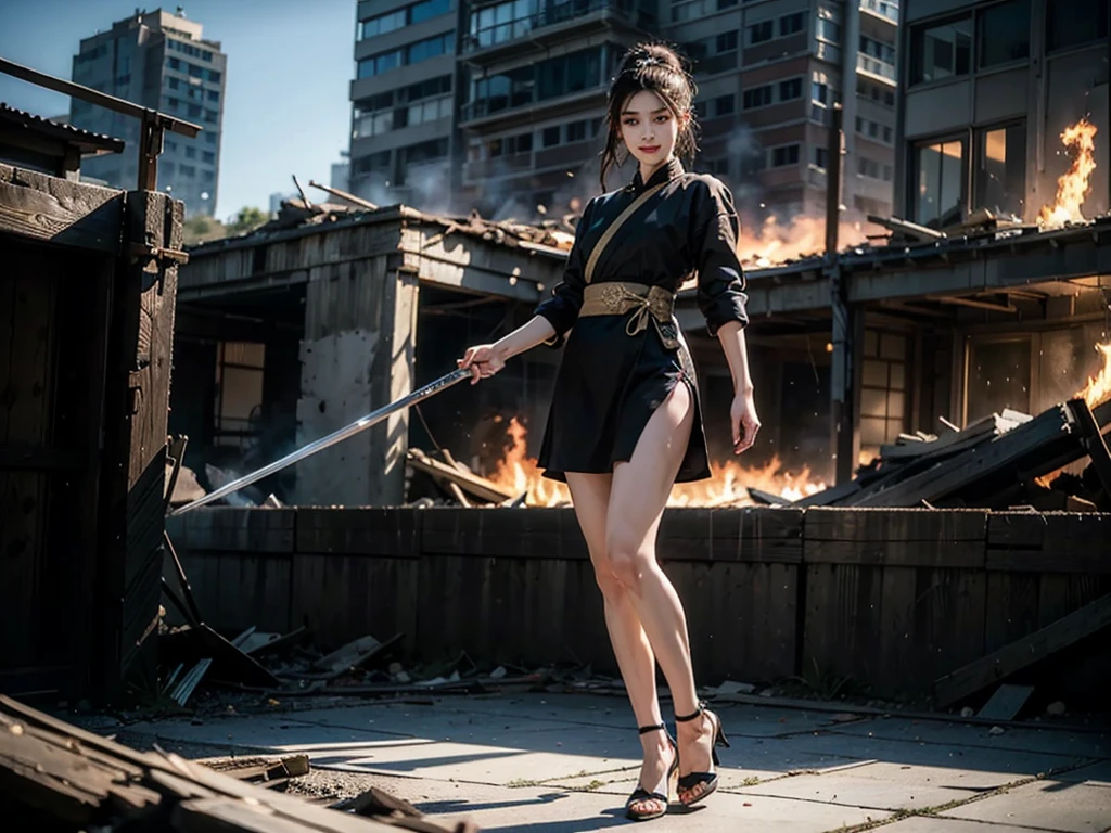 (Top quality，Ultra HD，lifelike: 1.4)，Wearing black and gold short qipao，Black high heels，High Ponytail，Close-up shot of a girl with air bangs holding two samurai swords，Beautiful armed girl， (K-Pop Idol) ，Detailed face，opposition，Perfect ???????，Smooth skin，Professional lighting，Victory in battle，Smile of victory(background，Destroyed buildings，Fire， (Huge explosion) ) ,Full body close-up，Fighting Stance