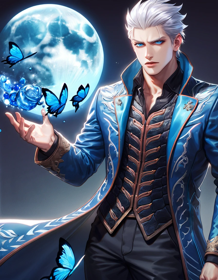 absurdres, highres, ultra detailed, HDR, master piece, best quality, Vergil, white hair slicked back, expressive blue eyes, devil may cry, solo, sexy man, handsome, blue coat, black shirt, black pants, magical, fantasy, shining, blue flowers, blue moon, blue butterflies, blue petals, water