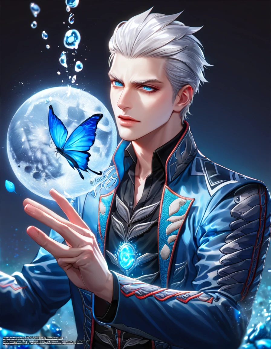 absurdres, highres, ultra detailed, HDR, master piece, best quality, Vergil, white hair slicked back, expressive blue eyes, devil may cry, solo, sexy man, handsome, blue coat, black shirt, black pants, magical, fantasy, shining, blue flowers, blue moon, blue butterflies, blue petals, water