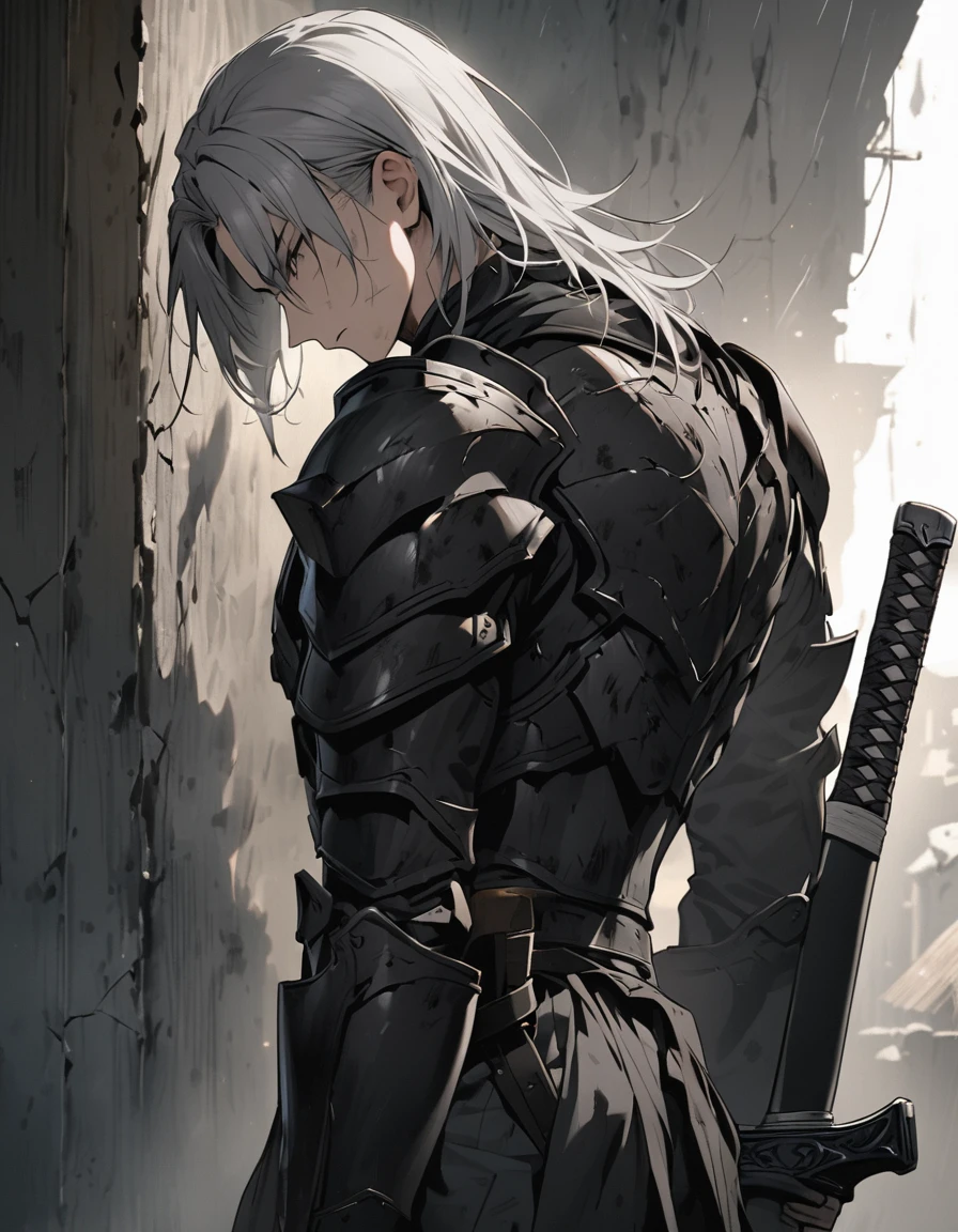 Man with long grey hair 28 years old Putting a Japanese sword into its sheath Black armor is dirty and cracked Side Shot