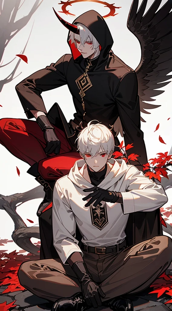 Handsome man, white hair, very short hair, ((crew cut: 1)), red eyes, fair skin, ((muscular: 1)), man, 28 years old, wearing a white hood, gold and silver details, leather shawl brown, baggy pants, gray boots, black and brown belts, black boots, brown gloves, lots of belts, demonic angel wings, six wings, black wings, demon horn, black scales, black scales on the neck, black lizard tail, demonic form, angel form, half and half, chaos angel, halo on the back, holy light element , shadow element of corruption man sitting, muscular, sexy, sitting on a rock, background forest, black trees, trees with red leaves