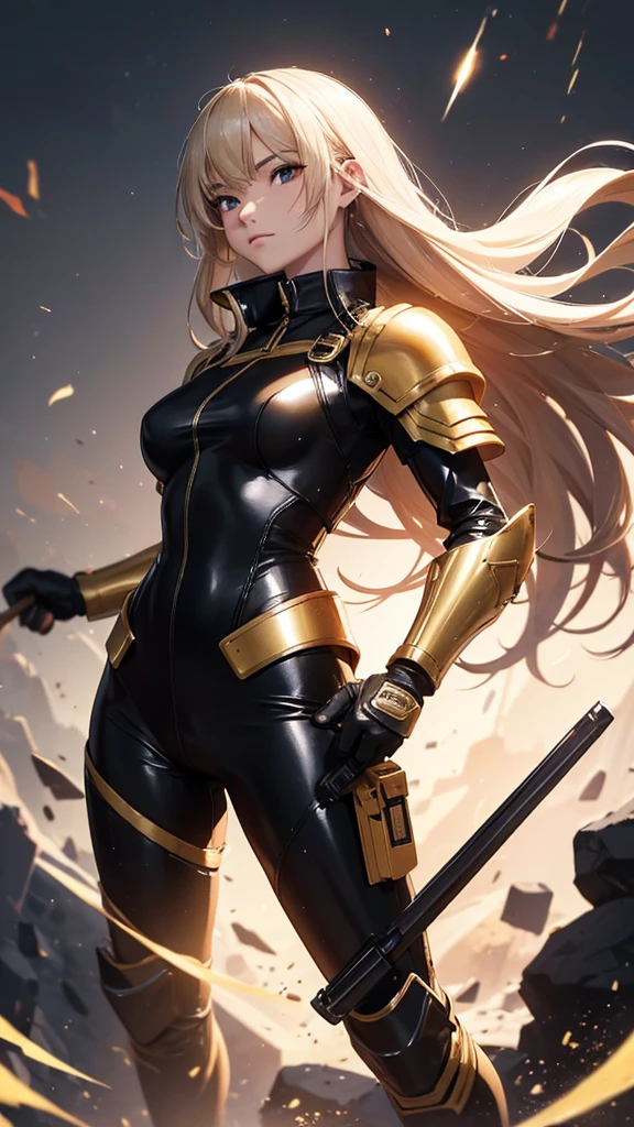 random angle close portrait, brush drawing image, beautiful Thai female , aged 20, dynamic fighting action pose with gold advanced sci-fi sword, advanced black skiing goggles, long blonde hair with, glossy black slim fit sci-fi short pants jumpsuits with weapons holster on thighs, black sci-fi shoulders and arms armour, black gloves, gold smoke explode, white background, 8k resolution