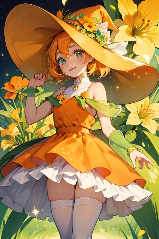 Uwasatchi has cream skin, orange cheek spots, and freckles. She wears an orange dress, green stockings, and a large green hat with yellow flowers on it. Each of her eyes have two eyelashes, and in the anime her irises are depicted as purple. SPARKLE; GLITTER