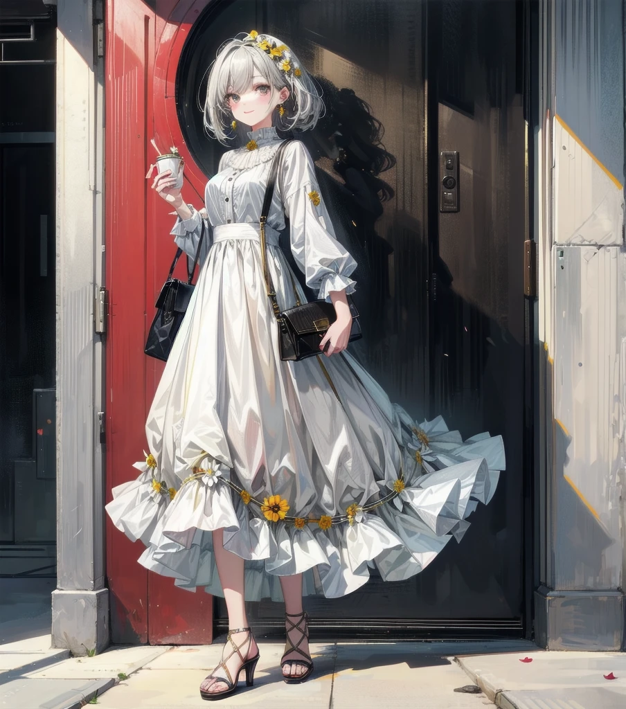 (masterpiece:1.2), highest quality,pixiv,sweet girl , 1 girl, flower, cup, have, bob hair, gray hair, bag, high heels, food, jewelry, earrings, looking at the viewer, smile, holding, long hair, inner color、alone, fruits, knee-length dress， handbag, gray eyes, Colorful shoes, bird, yellow flower, envelope, english text, full body, white flower, shirt,Are standing, valentine color、colorful background、