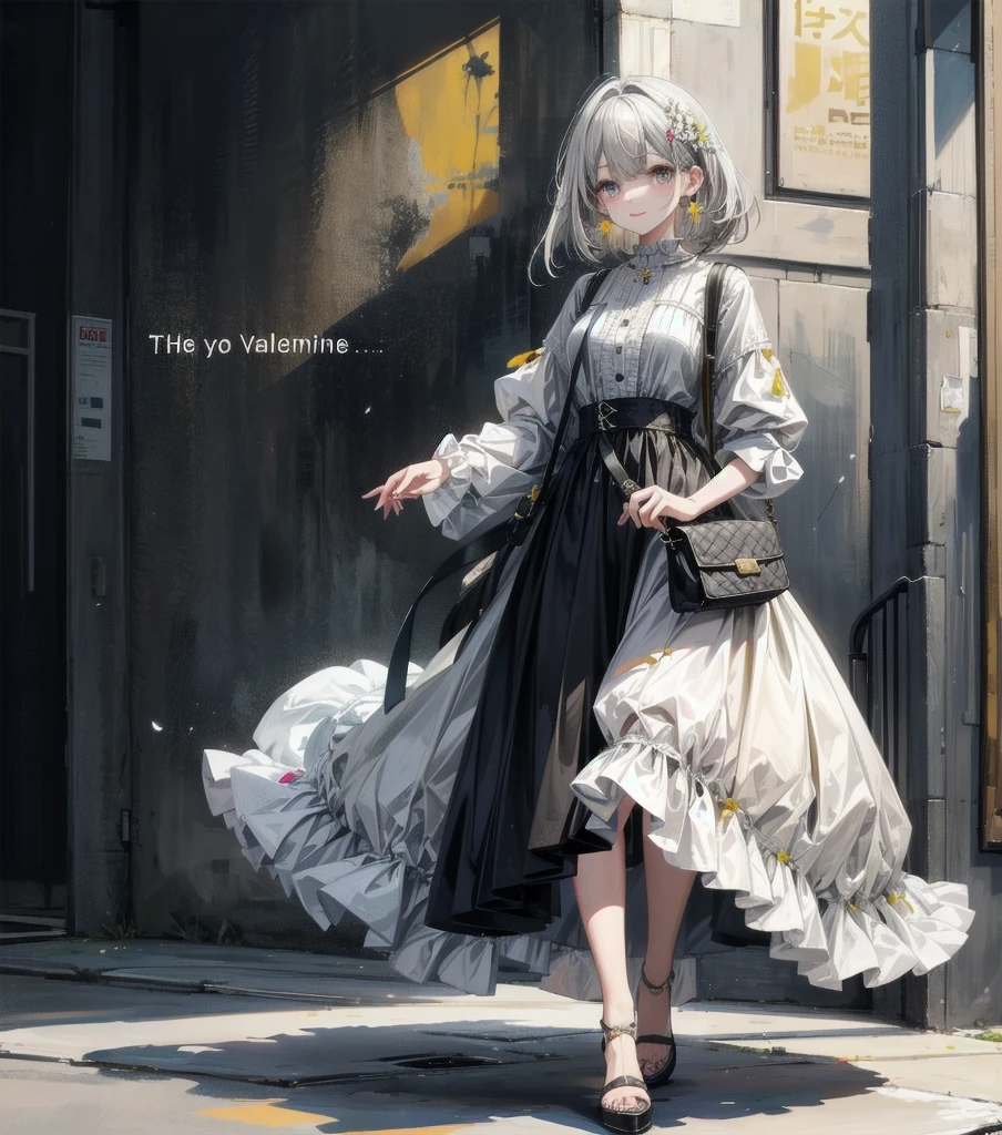 (masterpiece:1.2), highest quality,pixiv,sweet girl , 1 girl, flower, cup, have, bob hair, gray hair, bag, high heels, food, jewelry, earrings, looking at the viewer, smile, holding, long hair, inner color、alone, fruits, knee-length dress， handbag, gray eyes, Colorful shoes, bird, yellow flower, envelope, english text, full body, white flower, shirt,Are standing, valentine color、colorful background、