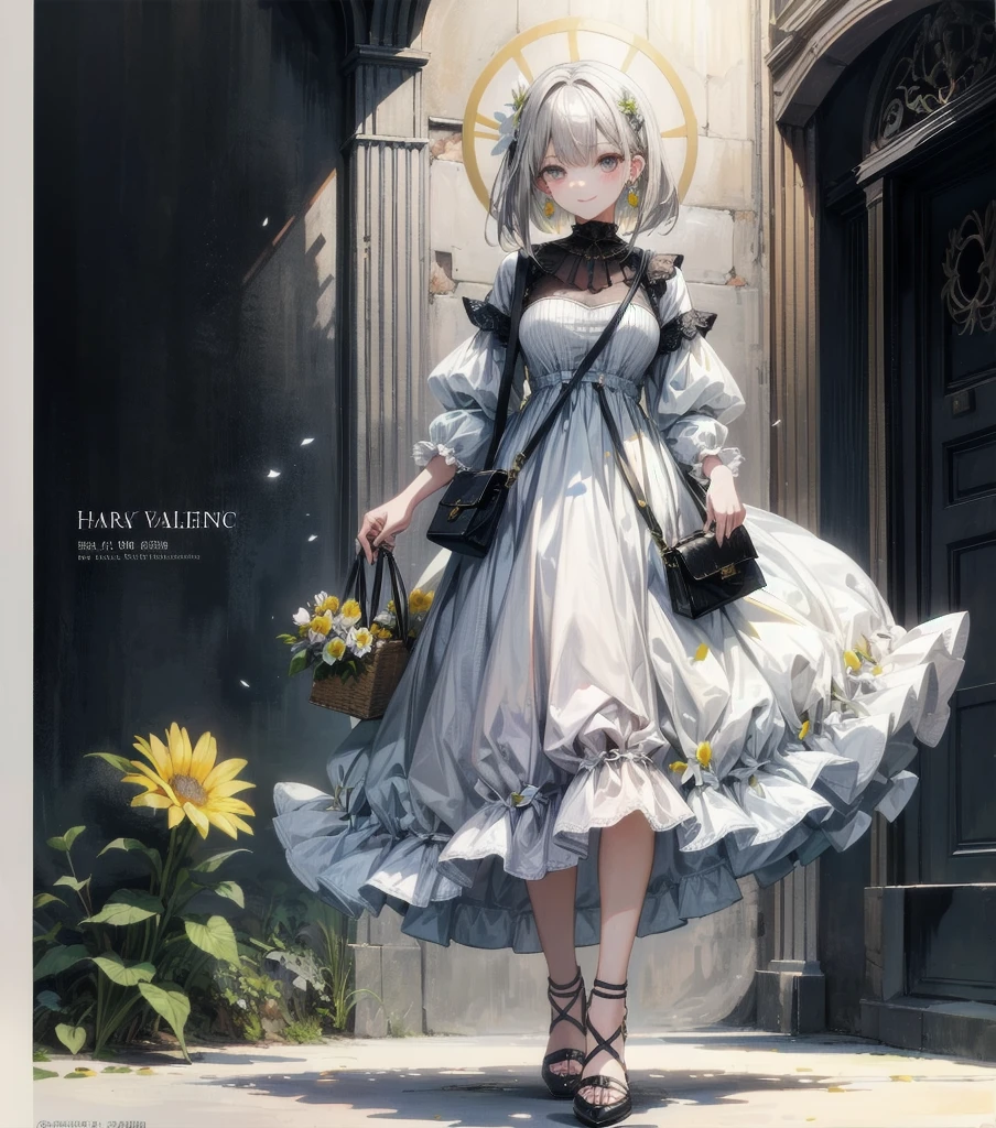 (masterpiece:1.2), highest quality,pixiv,sweet girl , 1 girl, flower, cup, have, bob hair, gray hair, bag, high heels, food, jewelry, earrings, looking at the viewer, smile, holding, long hair, inner color、alone, fruits, knee-length dress, handbag, gray eyes, Colorful shoes, bird, yellow flower, envelope, english text, full body, white flower, shirt,Are standing, valentine color、colorful background、