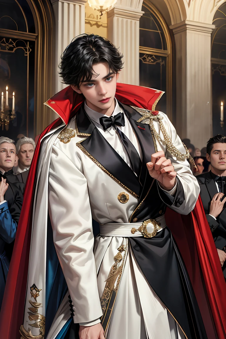 masterpiece, 最high quality, high quality, 1 boy, alone, Male focus, Watching the audience, Messy black hair, Adorable big blue eyes, White people, Noble, Noble,Sexy voluminous cape、Tuxedo、A very voluminous, large, very large, very large, long, long red and black cape with a high stand-up collar, reaching down to the floor, made of a lot of fabric., 17 years old,Cute beautiful boys,Cute, cute, kind, handsome guy