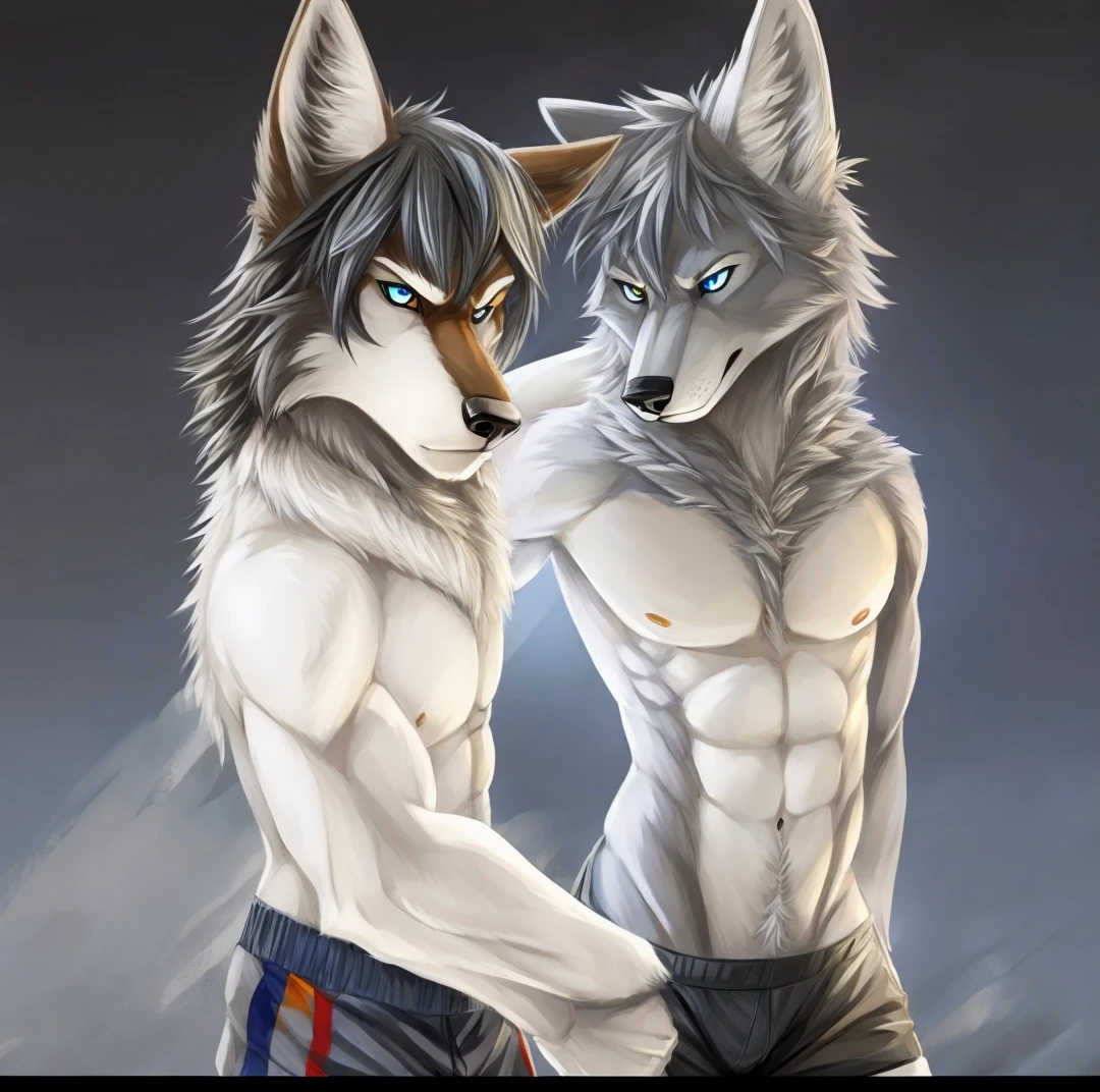 Slim yet well built male anthro wolf with snow white and grey bushy fur and grey hair and a left blue eye and right golden eye . Shirtless but wearing shorts. Serious facial expression 