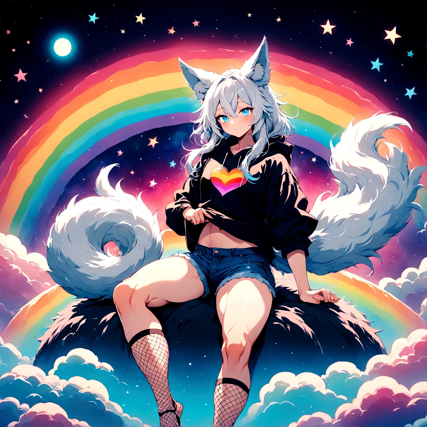 a cute adult male with wolf ears, long white hair, long locks, has a wolf tail, wearing a loose cropped black hoodie, wearing a pair of denim short shorts and fishnet stockings, thick thighs, wide hips, relaxing on mound of fluffy multi colored kawaii plushies, short, very slim, showing slender tummy, heart on hoodie, squishy thighs, has glowing blue eyes. alone, solo (ALONE)(SOLO), surrounded by rainbows, colorful galaxy backround
