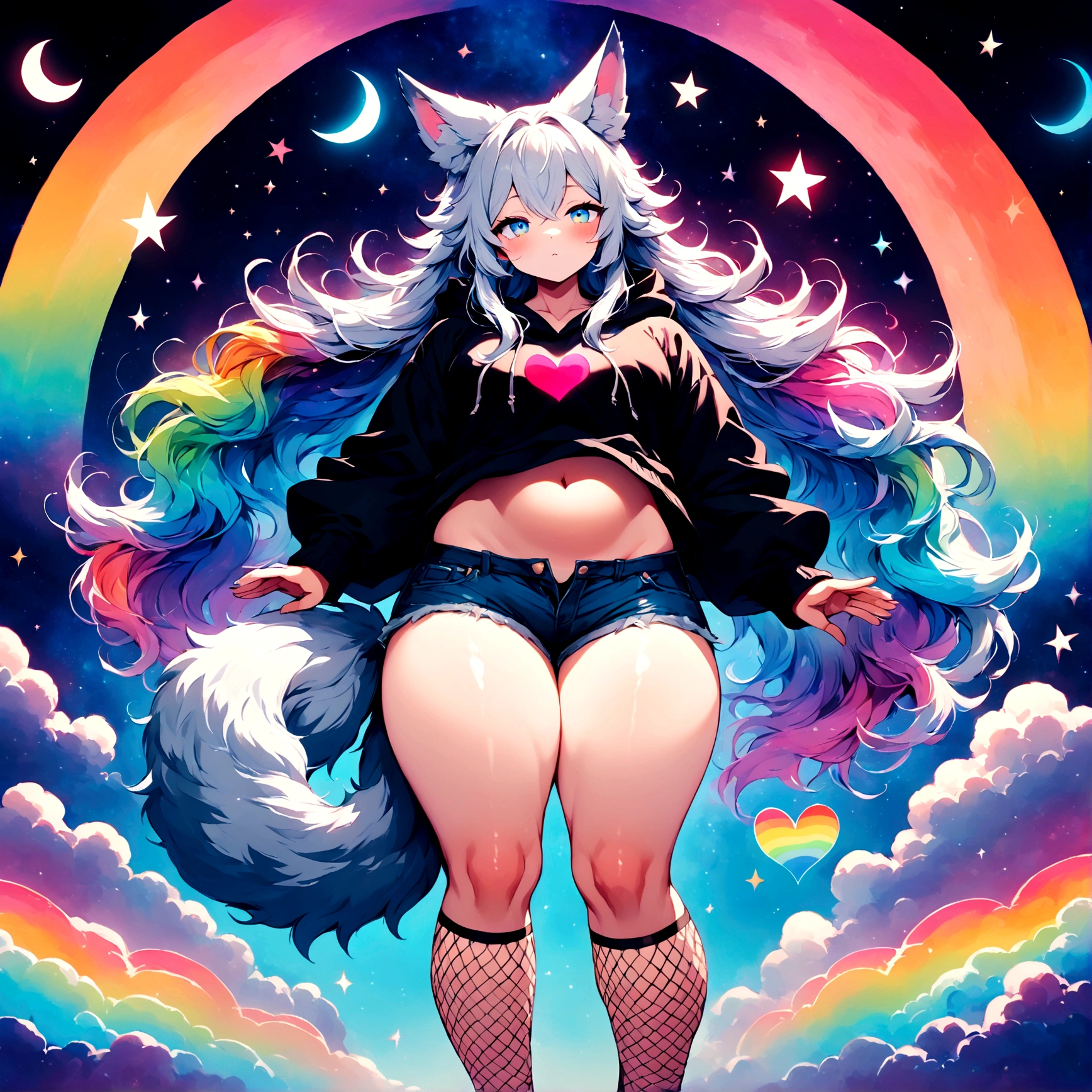 a cute adult male with wolf ears, long white hair, long locks, has a wolf tail, wearing a loose cropped black hoodie, wearing a pair of denim short shorts and fishnet stockings, thick thighs, wide hips, relaxing on mound of fluffy multi colored kawaii plushies, short, very slim, showing slender tummy, heart on hoodie, squishy thighs, has glowing blue eyes. alone, solo (ALONE)(SOLO), surrounded by rainbows, colorful galaxy backround