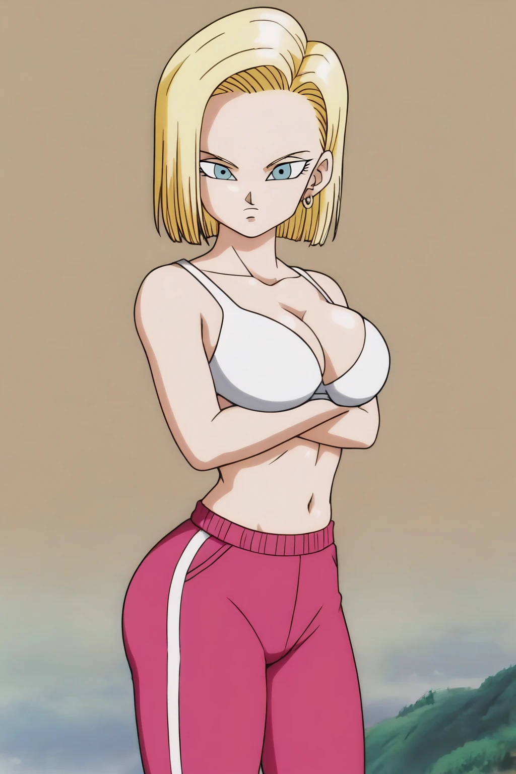 source_anime, score_9, score_8_up, score_7_up, anime screencap, detailed face, android 18, supertop, 1girl, solo, looking at viewer, short hair, blue eyes, blonde hair, collarbone, hoop earrings, island, white bra, track pants, pink pants, standing, front view, big breasts, sexy hips, big ass, thick legs, sexy body, hands up