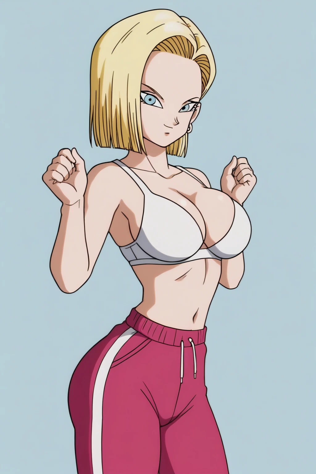 source_anime, score_9, score_8_up, score_7_up, anime screencap, detailed face, android 18, supertop, 1girl, solo, looking at viewer, short hair, blue eyes, blonde hair, collarbone, hoop earrings, island, white bra, track pants, pink pants, standing, front view, big breasts, sexy hips, big ass, thick legs, sexy body, hands up