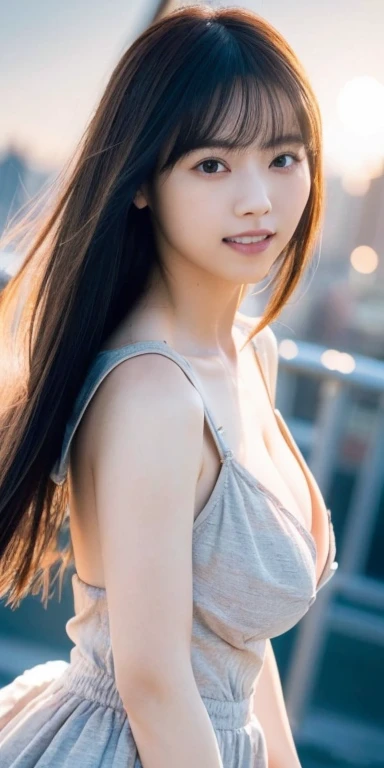 (Highest quality,masterpiece:1.3,Ultra-high resolution),(Very detailed,Caustics,8k),(Realistic:1.4,RAW shooting),(Selfie),Japanese,23 years old,cute,Are standing,(Big smile),(Looking into the camera),Black hair medium hair,(Big Breasts:1.4),(Sleeveless dress(pastel colour)),Micro mini hem,I can see her voluptuous thighs、Strong winds,Hair blowing in the wind,rooftop,Backlight,sunset,sunset sky,(Bust up shot),(Chest Focus:1.1),(Low position),(Low Angle),Natural light