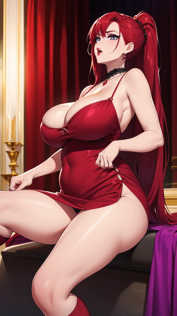 a girl lady big breast sexy attractive sensual sensitivity long red hair shine her blue eye eyelash painted purple soft red lip she dresses long red dress elegant glitter pair net sock black heel black thigh sensual sexy she singing theater lady