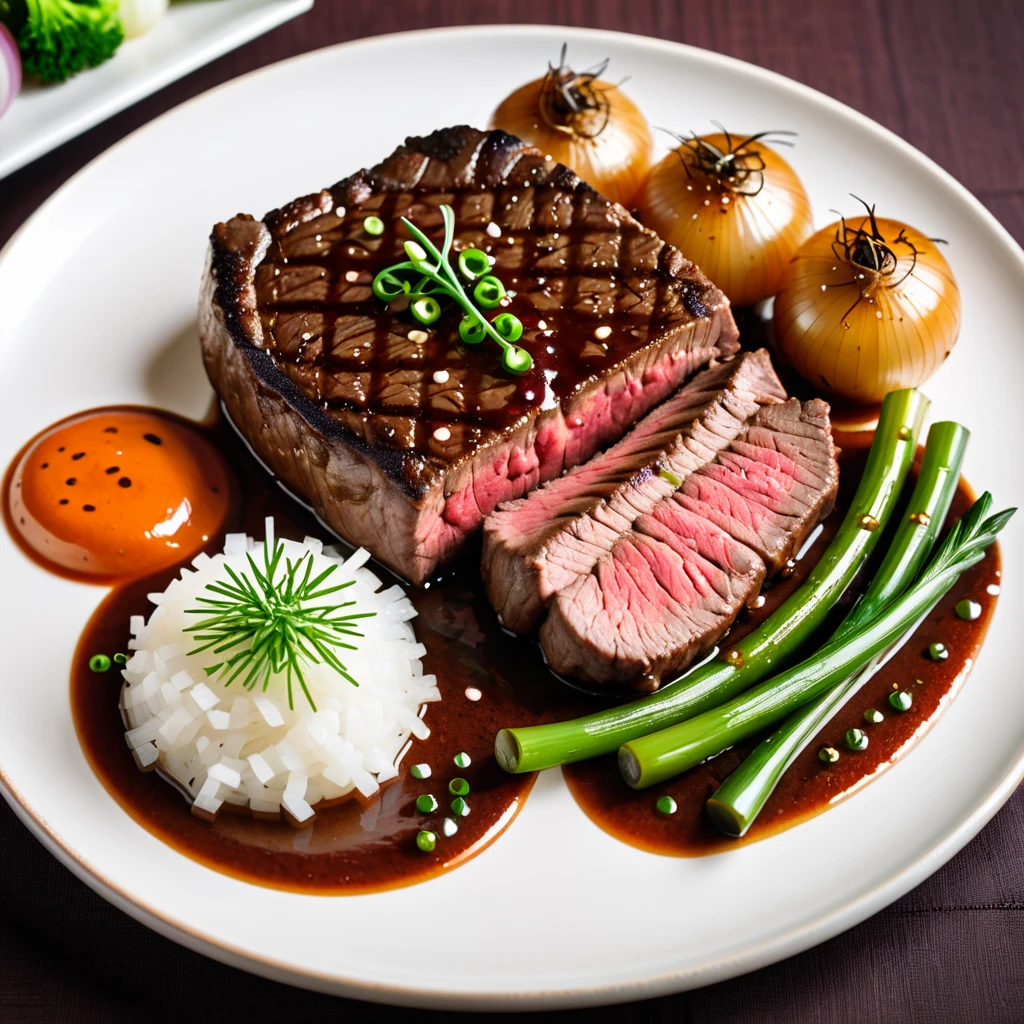 there is a steak on a plate with onions and sauce, a picture by Josetsu, flickr, shin hanga, sauce, taken with sony a7r camera, steak, taken with canon 8 0 d, taken with a canon eos 5 d, taken with a canon eos 5d, beef, meaty, taken with sony alpha 9, takada akemi