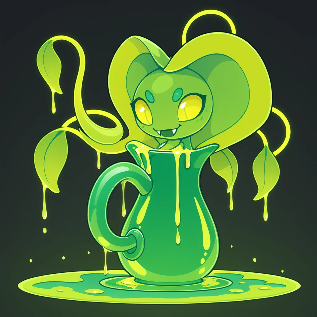 A Monstrous Pitcher plant with eyes and fangs tendril whip and dripping with acid, in card art style