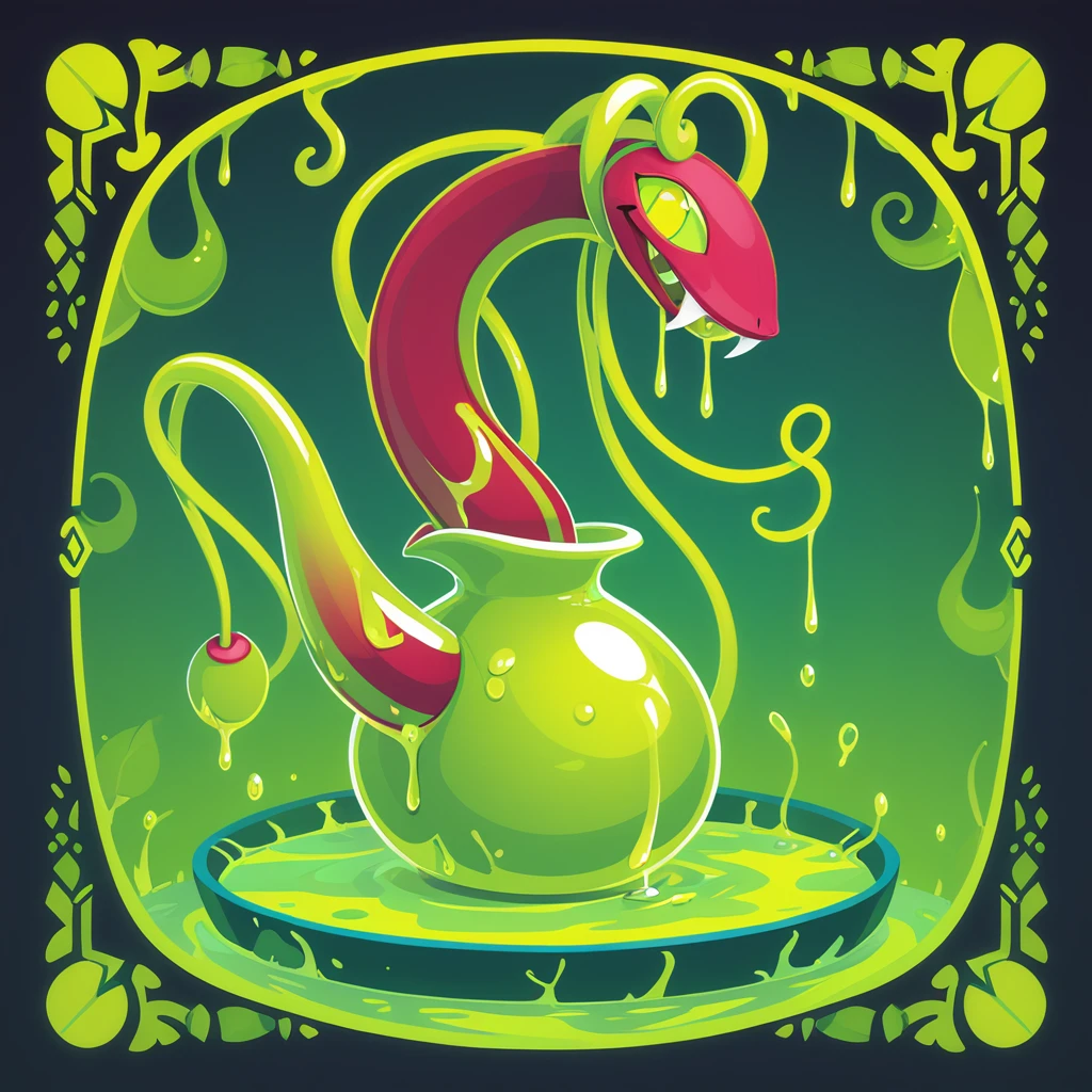 A Monstrous Pitcher plant with eyes and fangs tendril whip and dripping with acid, in card art style