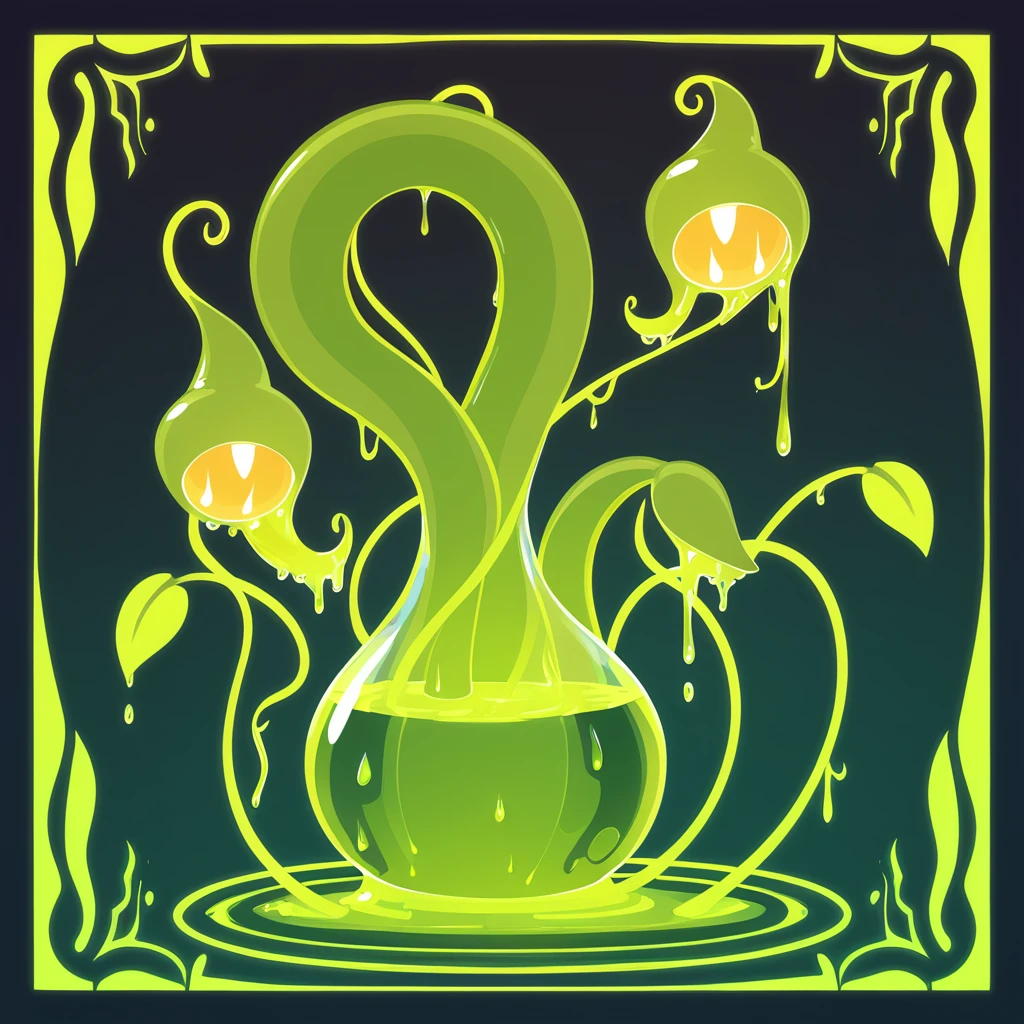 A Monstrous Pitcher plant with eyes and fangs tendril whip and dripping with acid, in card art style