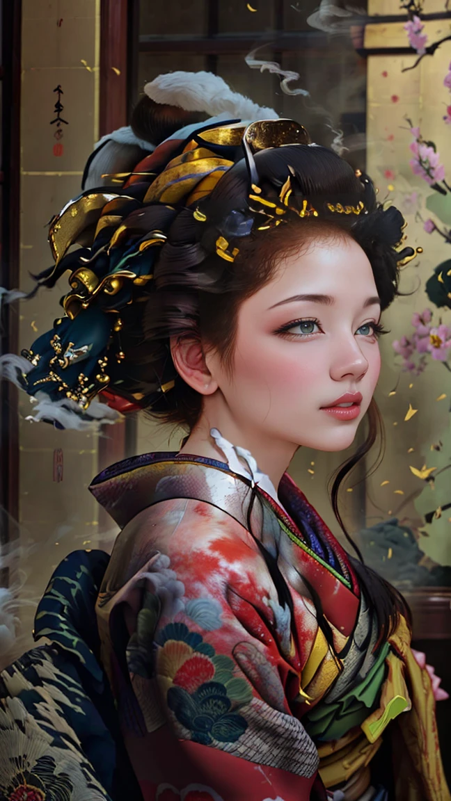 Highest quality、masterpiece、8k、Realistic、超High resolution、Very delicate and beautiful、High resolution、Cinema Lighting、Face close-up、Perfect female body、Opposition、Looking at the audience、((Oiran、Gorgeous kimono、Vibrant colors、embroidery、band、hairpin、(Date Hyogotaka:1.5)、Gorgeous hair ornament、Powder Makeup、Red lips、Delicate hand movements、graceな姿勢))、parade、On the tatami、Golden Screen、fan、tent、Traditional beauty、A fleeting look、Smoke Tube、Elegant atmosphere、Historical background、Night view、Glossy feel、grace、Captivating Charm