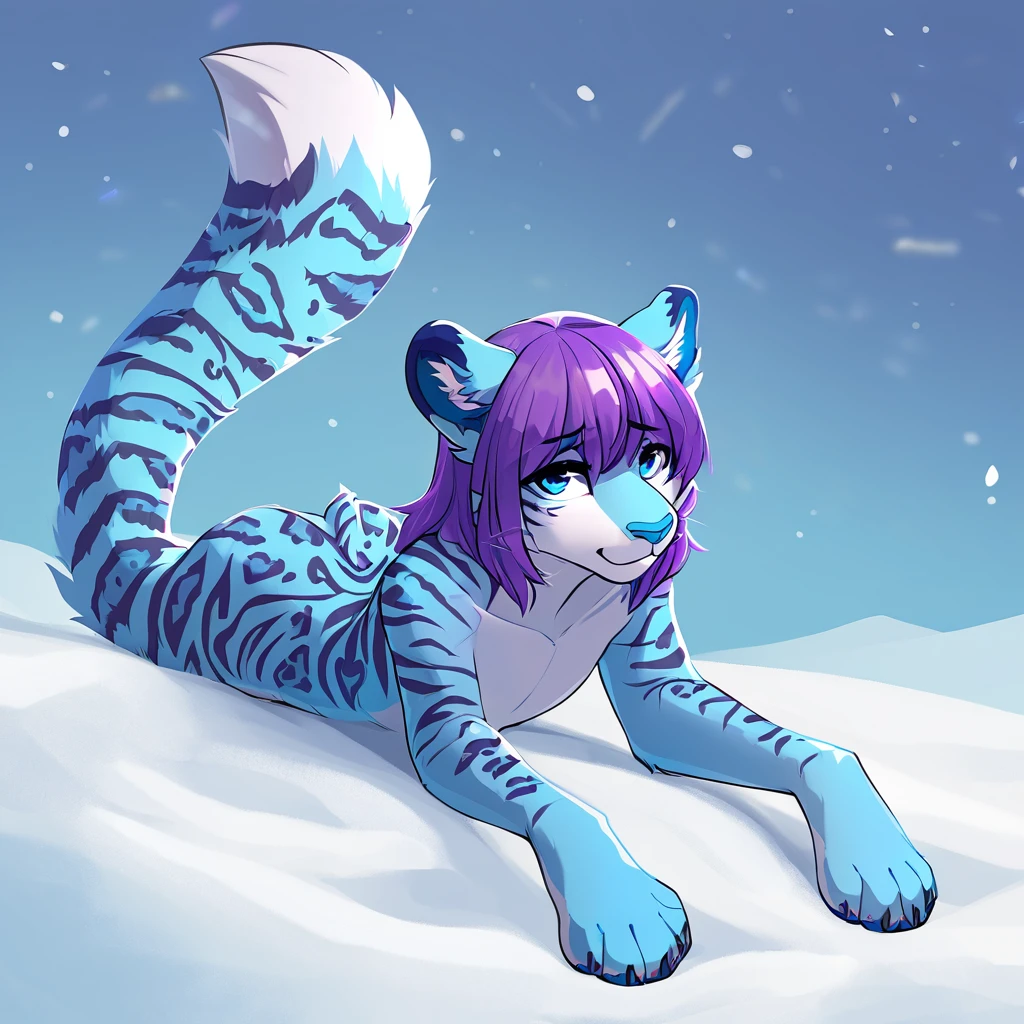 adult, feline, mammal, anthro, anthromorphic, snow, leopard, striped_feline, fur, furred_anthro, fluffy_tail femboy, male, bangs, ear_tufts, blue_nose, paws, hair_tuft, hair_between_eyes, long_tail, fluffy, feline_ears, expressive_eyes, purple_hair, light looking_at_viewer, legs, legs_visible, thighs, blue_paws, blue_fur, shy, small_pupils, spotted_pattern, stripes, tail, tiger_stripes, digital_art, high_resolution, high_res, tealblue_background fit, posing, laying_down