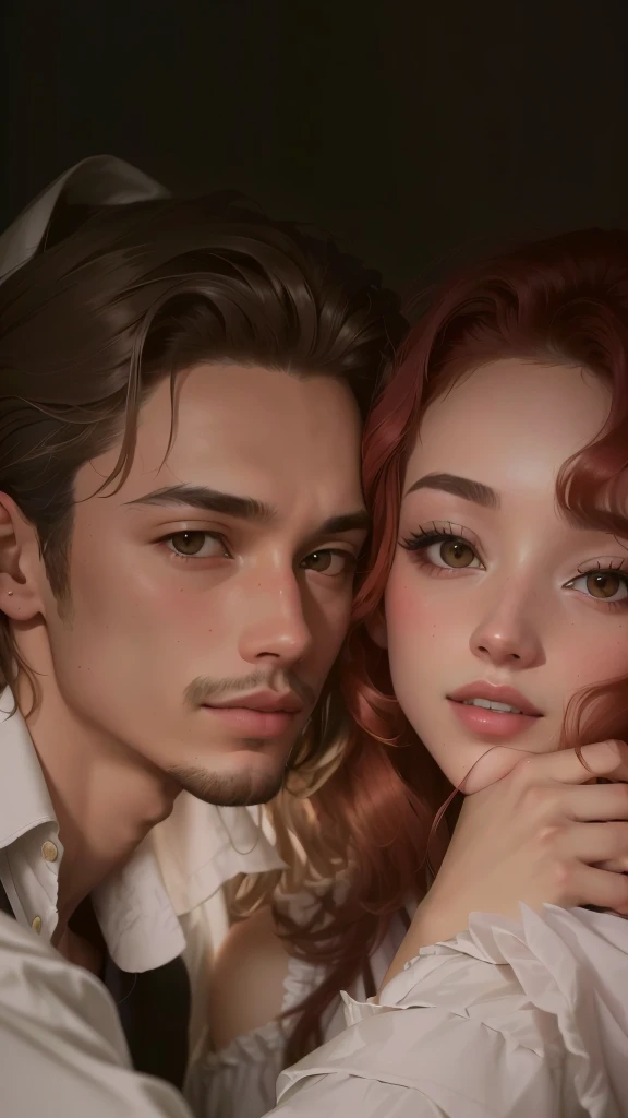 Hay un hombre y una mujer que se abrazan, filtrado photo, Jordan Grimmer y Natasha Tan, filtrado image, jamie coreth, caspar david, foto de perfil, captura de pantalla, taken in the early 2020s, ambos tienen labios rojos, video musical, filtrado, al estilo de petra collins, Chico moreno y chico pelirrojo, ellos son hermanos