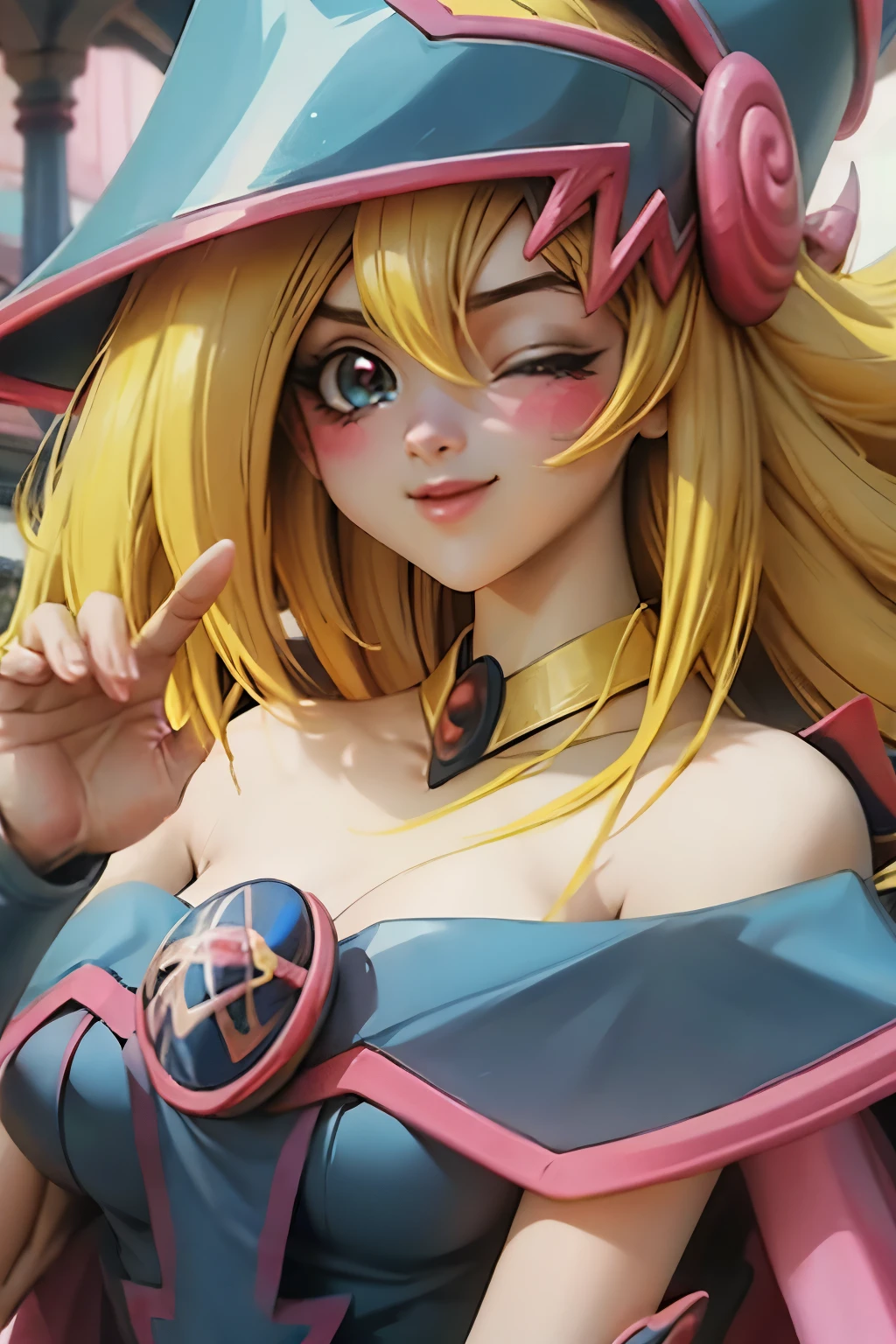 Hermoso rostro de dark magician gils, ojos azules. Labios rosados. Cabello rubio y largo. Ombros descubiertos, sonrisa angelical, hermoso rostro bien detallados de dark magician gils. With his hands he makes the sign of love and peace. His hands make a sign of peace and love. Paz y amor en sus manos