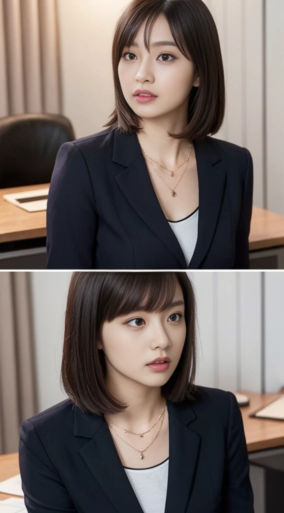 Highly Detailed CG Unity 8K Wallpaper, Best Quality, Super detailed, Mastepiece, Realism, Photorealistic photography, Highly detailed cute girl, 22 years old, Secretary,(Office lady in a suit:1.4)、Large breasts,(necklace:1.4)、 (look back:1.4)、blush, Parted lips, (Secretary in suit), Office , Sit at a desk ,Half Body Shot , Split bangs