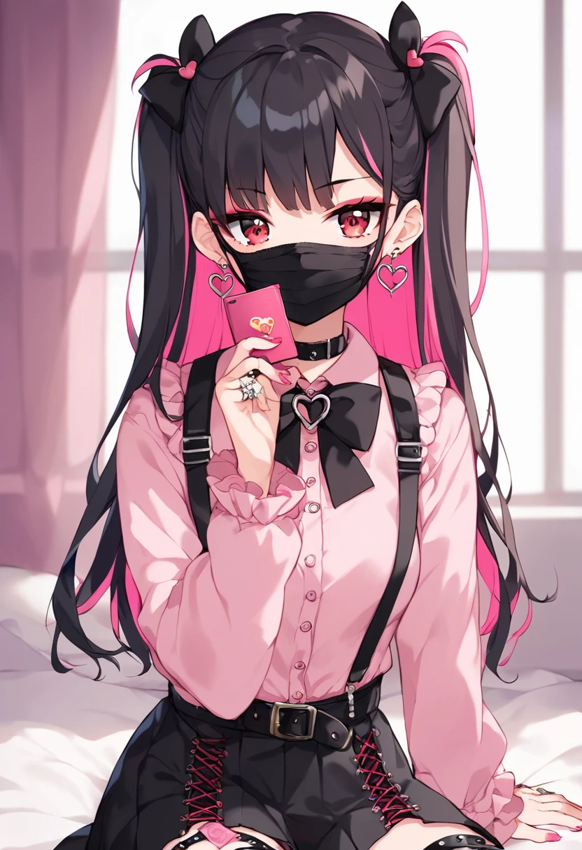 (score_9, score_8_up, score_7_up, source_anime, 8k, masterpiece, best quality, ultra-detailed, an extremely delicate and beautiful, official style, depth of field, highly detailed, very aesthetic, intricate, overall detail, perfect anatomy), looking at viewer, ((faint light:1.2)), sit, wariza, on bed, (indorrs, hotel room, love hotel, pink wall, pink bed sheet), (condom box, okamoto condoms 0.01), holding condom, (pink smartphone), BREAK 1girl, solo, (black hair, pink hair, two-tone hair, multicolored hair), long hair, two side up, black hair bow, red eyes, red eyeshadow under eye, pink cheek, jirai kei, yami_kawaii, (cross-laced clothes, pink shirt, long sleeves, frilled sleeves), frill, black bowtie, black skirt, black suspenders, heart brooch, heart earrings, ring, (multicolored nails, nail polish, pink nails, black nails), (mouth mask, black mouth mask), black belt, o-ring thigh strap, black choker, smirk