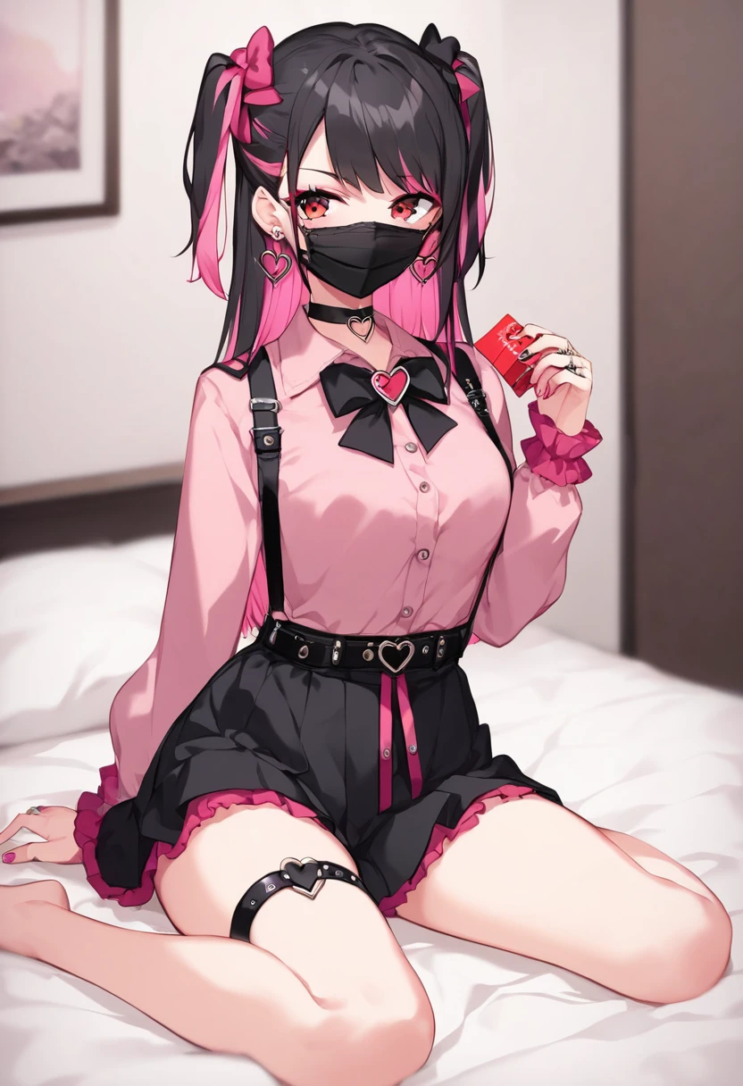 (score_9, score_8_up, score_7_up, source_anime, 8k, masterpiece, best quality, ultra-detailed, an extremely delicate and beautiful, official style, depth of field, highly detailed, very aesthetic, intricate, overall detail, perfect anatomy), looking at viewer, ((faint light:1.2)), sit, wariza, on bed, (indorrs, hotel room, love hotel, pink wall, pink bed sheet), (condom box, okamoto condoms 0.01), holding condom, (pink smartphone), BREAK 1girl, solo, (black hair, pink hair, two-tone hair, multicolored hair), long hair, two side up, black hair bow, red eyes, red eyeshadow under eye, pink cheek, jirai kei, yami_kawaii, (cross-laced clothes, pink shirt, long sleeves, frilled sleeves), frill, black bowtie, black skirt, black suspenders, heart brooch, heart earrings, ring, (multicolored nails, nail polish, pink nails, black nails), (mouth mask, black mouth mask), black belt, o-ring thigh strap, black choker, smirk