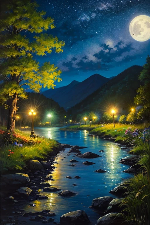 Highest quality、Landscape painting、nature、night景、night、moon、Starry Sky