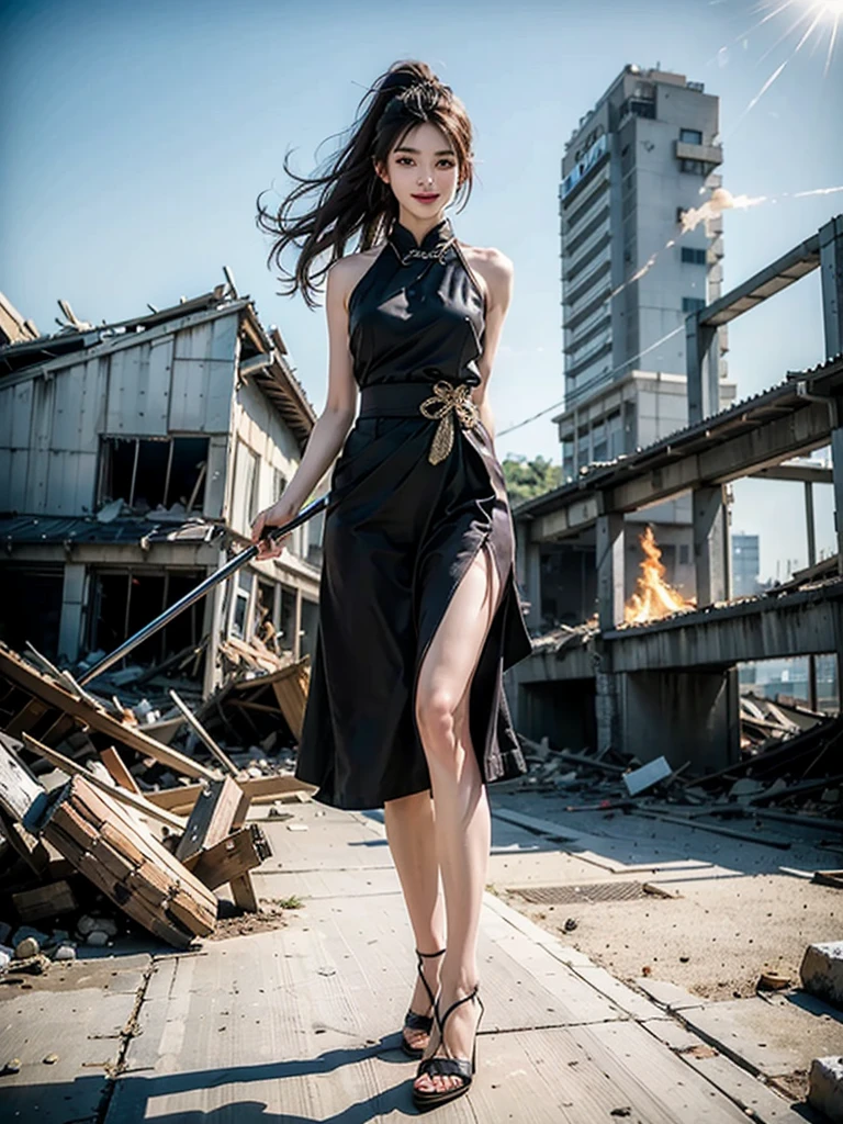 (Top quality，Ultra HD，lifelike: 1.4)，Wearing black and gold short qipao，Black high heels，High Ponytail，Close-up shot of a girl with air bangs holding two samurai swords，Beautiful armed girl， (K-Pop Idol) ，Detailed face，opposition，Perfect anatomy，Smooth skin，Professional lighting，Victory in battle，Smile of victory(background，Beach，Destroyed buildings，Fire， (Huge explosion) ) ,Full body close-up，Fighting Stance
