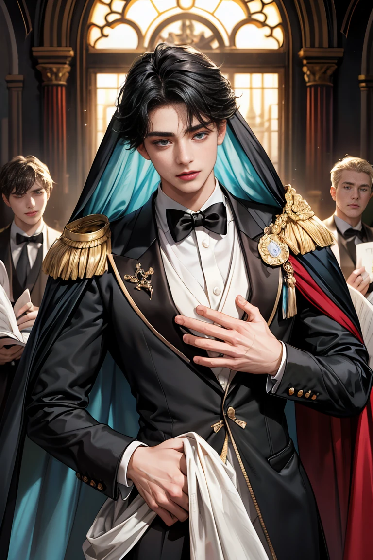 
masterpiece, 最high quality, high quality, 1 boy, alone, Male focus, Watching the audience,  Messy black hair, Adorable big blue eyes, White people, Noble, Noble,Sexy voluminous cape、Tuxedo、A very voluminous, large, very large, very large, long, long red and black cape with a high stand-up collar, reaching down to the floor, made of a lot of fabric., 17 years old,Cute beautiful boys,Cute, cute, kind, handsome guy