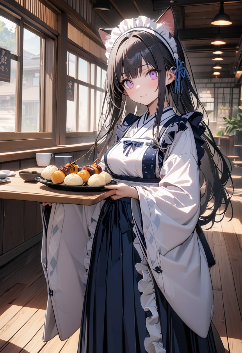 (8K, best quality, master piece: 1.2), super high resolution,1 beautiful girl,ultra-detailed face, detailed eyes,(holding a skewered dumpling),standing,Maid outfit dress, cat ear catsuit,head dress,pink eyes, black hair, long hair,medium breasts,white apron, Navy Blue hakama skirt,wa maid,kimono,wide sleeves,frilled apron,lace trim,Navy Blue ribbon accents,smile,wooden floor ,indoors Japanese cafe