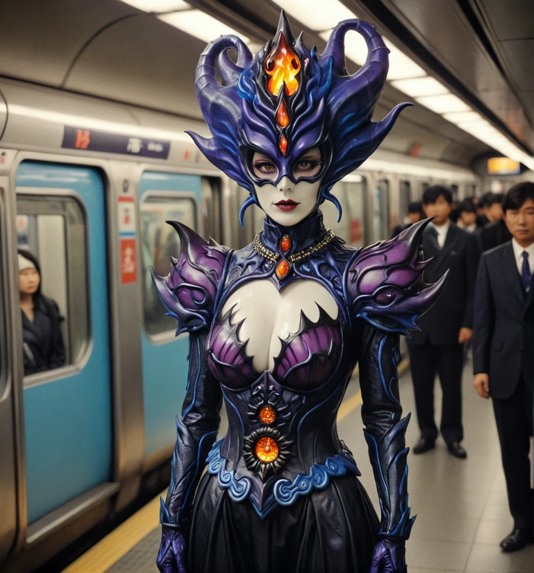 kaijinxl. full body, perfect anatomy. a tall monster countess, from the side, wearing a black shadows (violet dark flames:1.2) monster themed costume and mysterious glowing blue eyed mask with flames form headgear. emphasized-details, on Tokyo metro surrounded by people around her, gloomy, retro filter, VHS screencap,