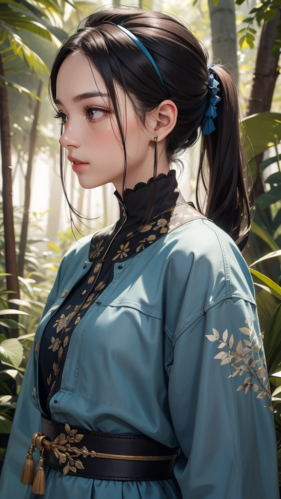 Leading trends in the urban fashion scene、Fashion conscious mixed race woman portrait。From the side、masterpiece、Highest quality、Exquisite detail、High Environmental Detail、Upper Body、in the forest。