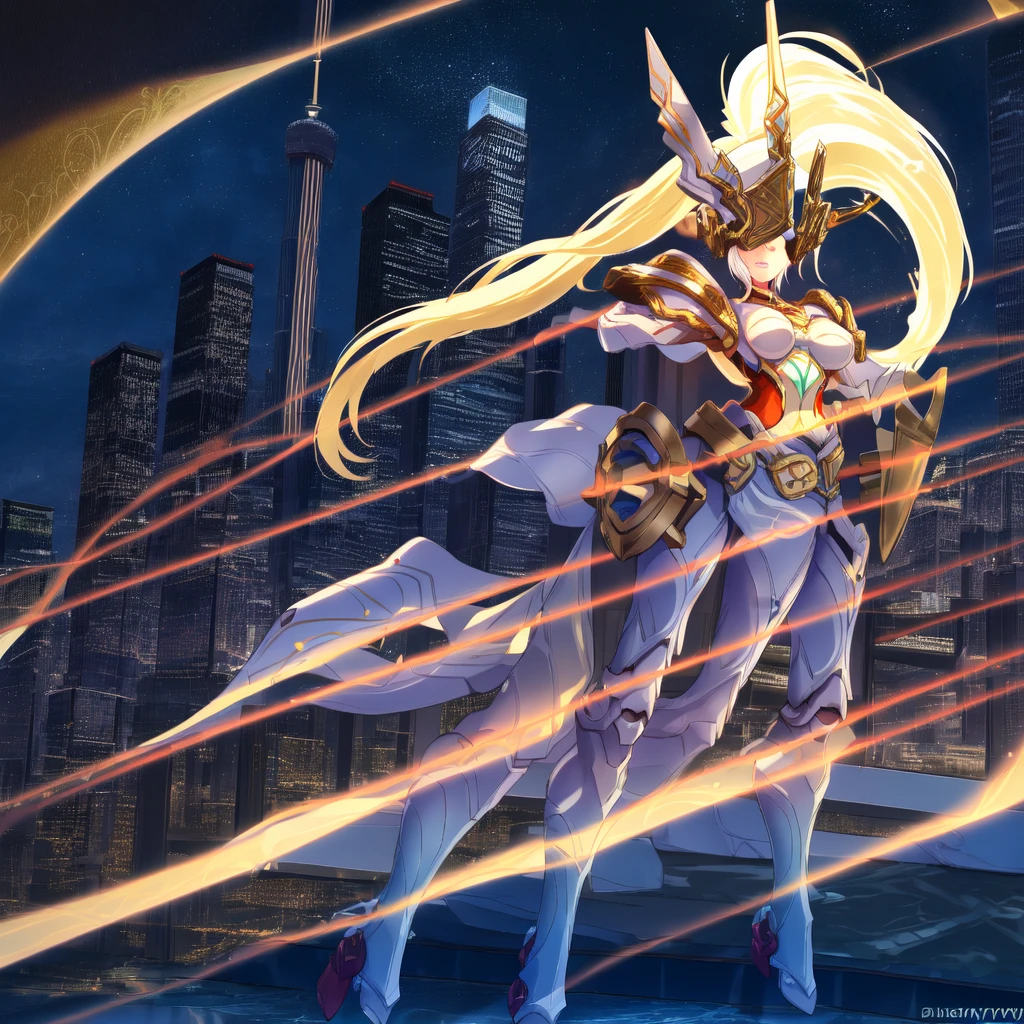 WZRYnvwaYP,1girl,solo,armor,ponytail,breastplate,helmet,long hair,breasts,shoulder armor,blonde hair,lips,belt,cityscape,night,mature female,pool,covered eyes, hand on hip, gloves,