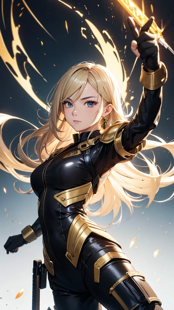 random angle close portrait, brush drawing image, beautiful Thai female teen, aged 20, dynamic fighting action pose with gold advanced sci-fi sword, long blonde hair with, glossy black slim fit sci-fi short pants jumpsuits with weapons holster on thighs, black sci-fi shoulders and arms armour, black gloves, gold smoke explode, white background, 8k resolution