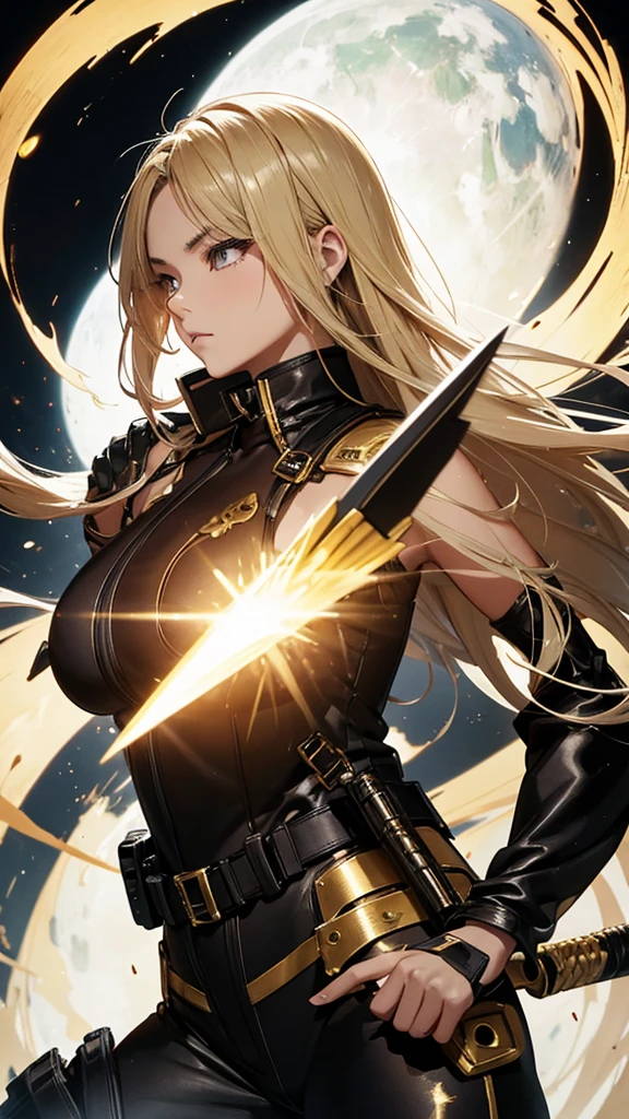 random angle close portrait, brush drawing image, beautiful Thai female , aged 20, dynamic fighting action pose with gold advanced sci-fi sword, long blonde hair with, glossy black slim fit sci-fi short pants jumpsuits with weapons holster on thighs, black sci-fi shoulders and arms armour, black gloves, gold smoke explode, white background, 8k resolution