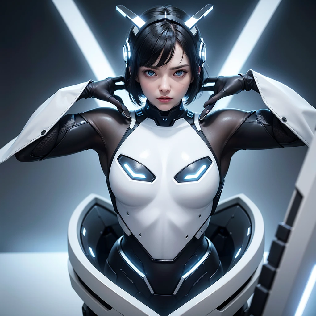 ((of the highest quality)), ((master piece)), (detail:1.4), Translucent white material with mechanical parts and transparent skin, Beautiful woman in cyber bodysuit made of gray carbon material, Glowing pale with LEDs, Ticker (High dynamic range), Ray tracing, NVIDIA RTX, Super Resolution, Subsurface Scattering PBR Texturing, Post-processing, Anisotropy Filtering, depth of fields, Surface Shading, Accurate simulation of light/Material Interactions, perfectly proportions, Two-tone lighting, Wide aperture, Low ISO, White Balance, 8K, NSFW, (((cyber headgear))), 25 year old woman, Cyber headgear with dull glowing LEDs, knee high, Dull bangs beautiful short hair, ((Cyber hood with dull glowing LEDs)), beautiful short black hair, beautiful blue eyes, angry face, Beautiful body, Simple and minimalistic space, close up