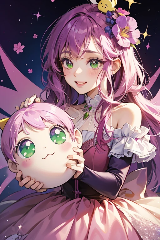 Violetchi has a pink/purple body and a wide head, with round eyes with eyelashes, and dark pink cheeks that redden to the color of Cherrytchi's head when overjoyed. She has two flowers on top of her head, one yellow, and one green. SPARKLE; GLITTER